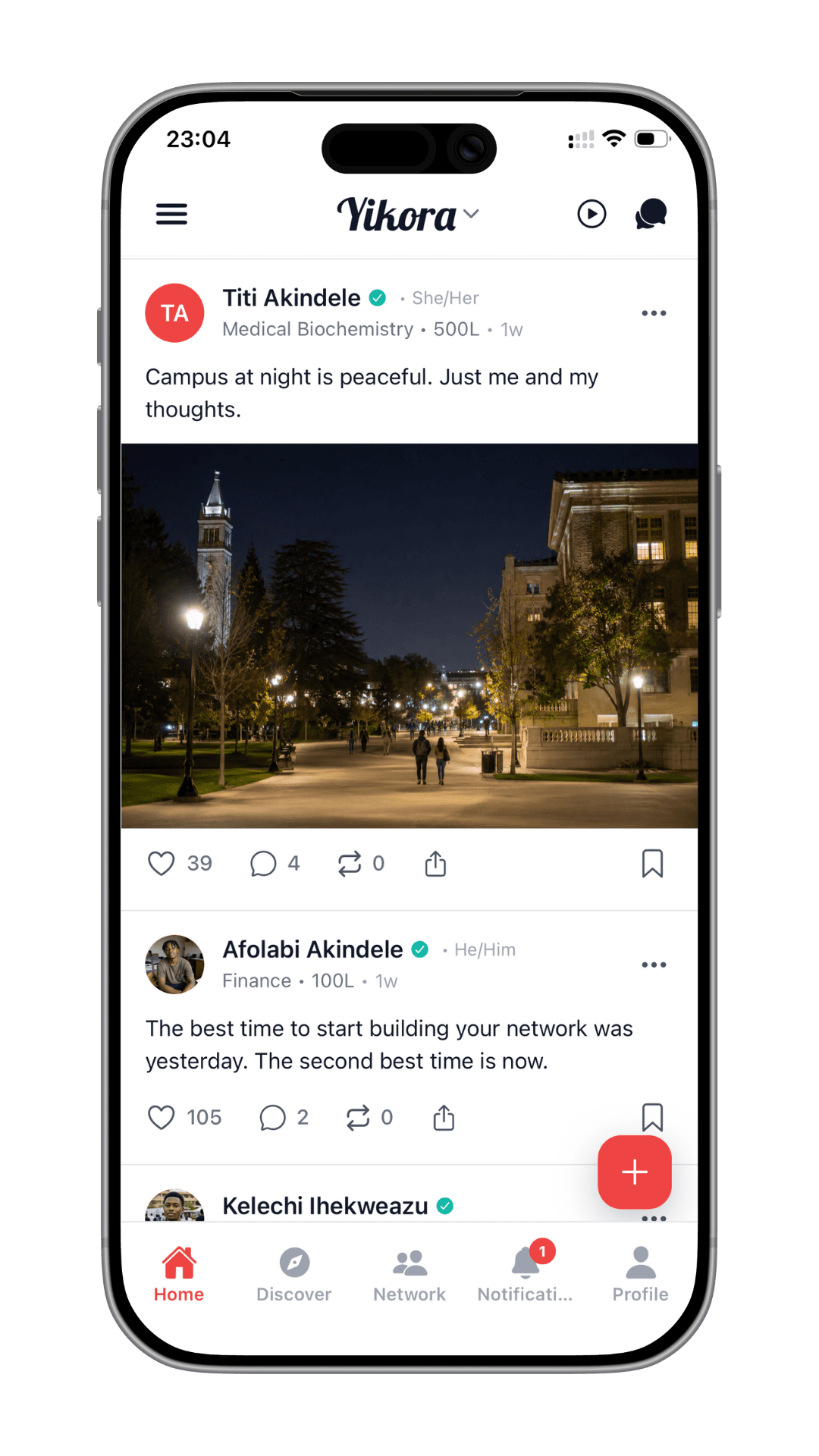 Yikora home feed showing campus posts